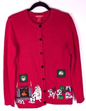 Merry & Bright Sz M Ugly Christmas Sweater Cardigan Dalmatian Puppies Red